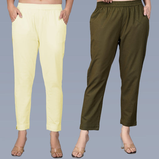 Pack Of 2 Womens Regular Fit Cream And Dark Green Fully Elastic Waistband Cotton Trouser