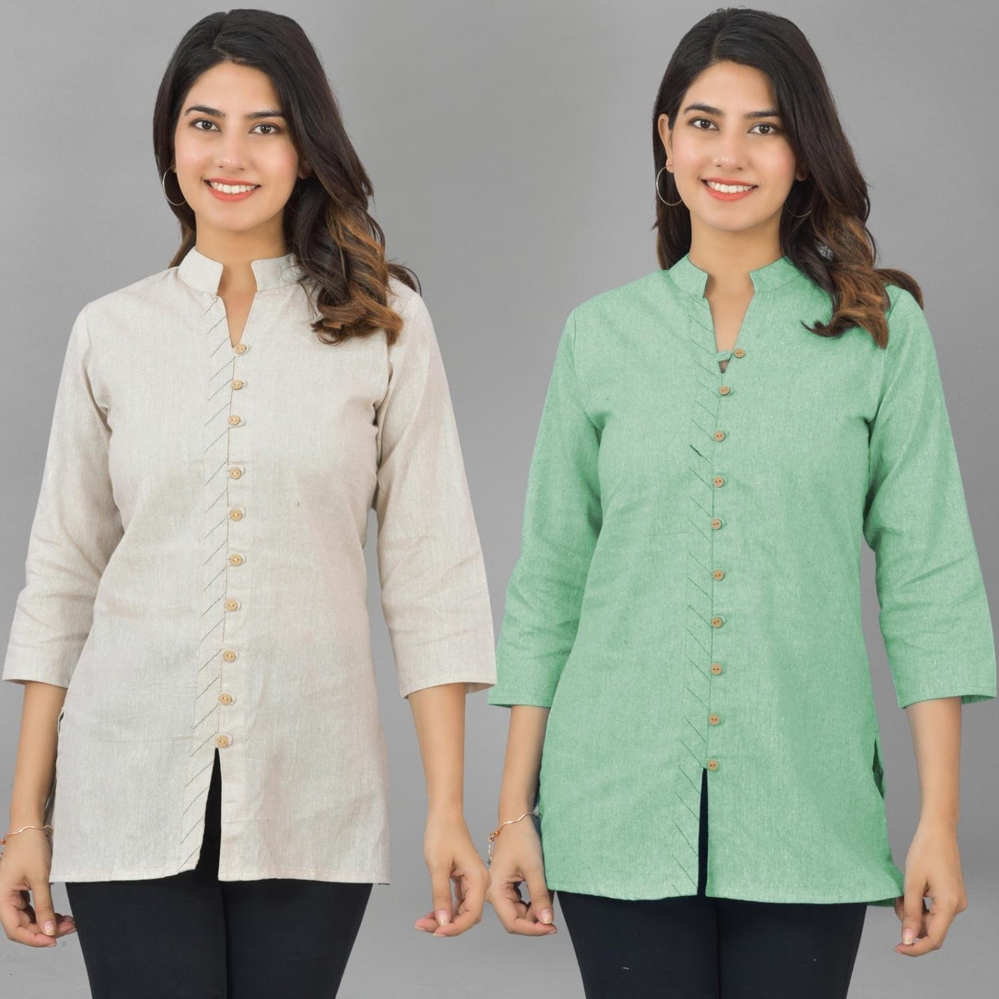 Pack Of 2 Womens Cream And Green Woven Design Handloom Cotton Frontslit Short Kurtis