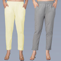 Pack Of 2 Womens Regular Fit Cream And Grey Fully Elastic Waistband Cotton Trouser