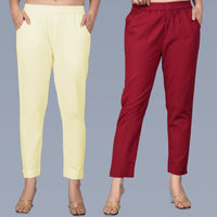 Pack Of 2 Womens Regular Fit Cream And Maroon Fully Elastic Waistband Cotton Trouser