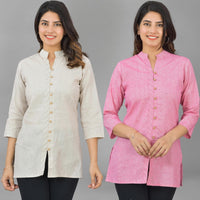 Pack Of 2 Womens Cream And Pink Woven Design Handloom Cotton Frontslit Short Kurtis