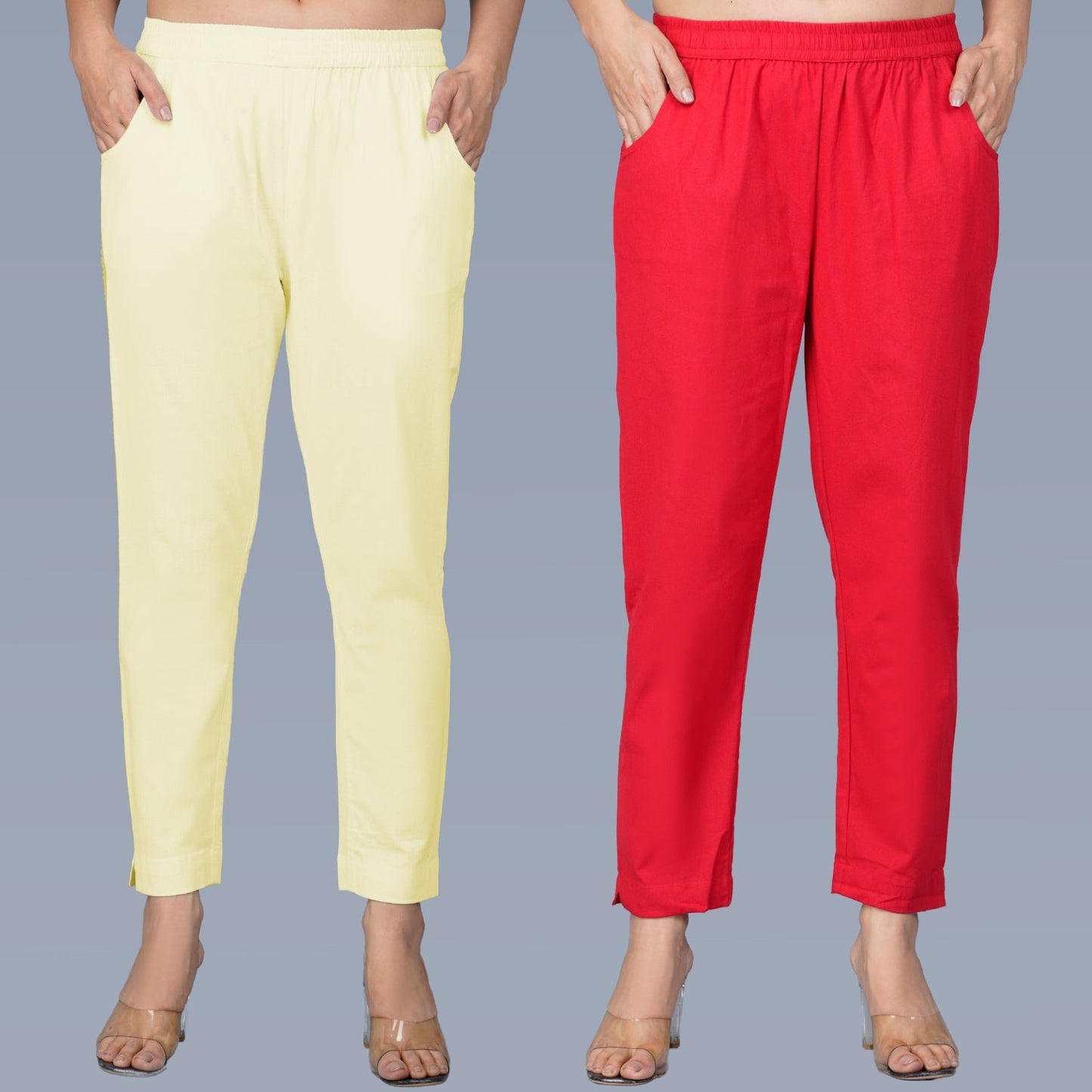 Pack Of 2 Womens Regular Fit Cream And Red Fully Elastic Waistband Cotton Trouser