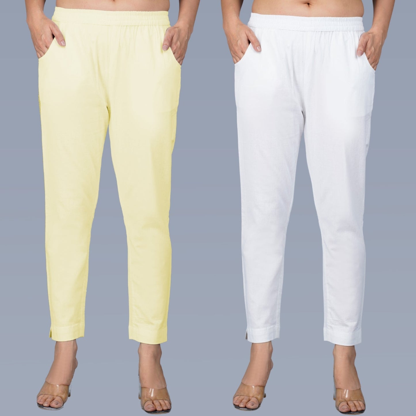 Pack Of 2 Womens Regular Fit Cream And White Fully Elastic Waistband Cotton Trouser