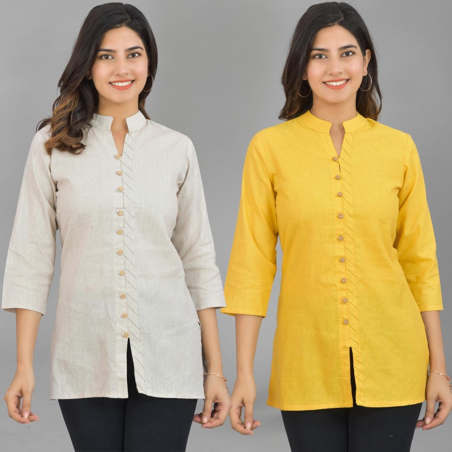 Pack Of 2 Womens Cream And Yellow Woven Design Handloom Cotton Frontslit Short Kurtis
