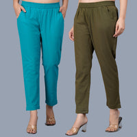 Pack Of 2 Womens Regular Fit Cyan And Dark Green Fully Elastic Waistband Cotton Trouser