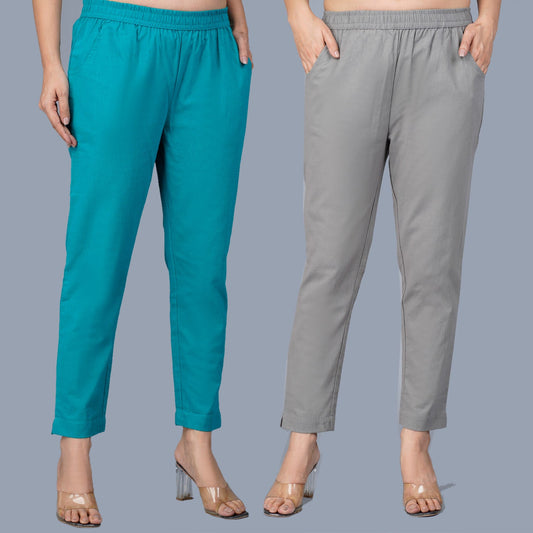 Pack Of 2 Womens Regular Fit Cyan And Grey Fully Elastic Waistband Cotton Trouser