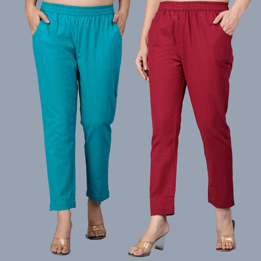 Pack Of 2 Womens Regular Fit Cyan And Maroon Fully Elastic Waistband Cotton Trouser