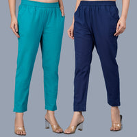 Pack Of 2 Womens Regular Fit Cyan And Navy Blue Fully Elastic Waistband Cotton Trouser