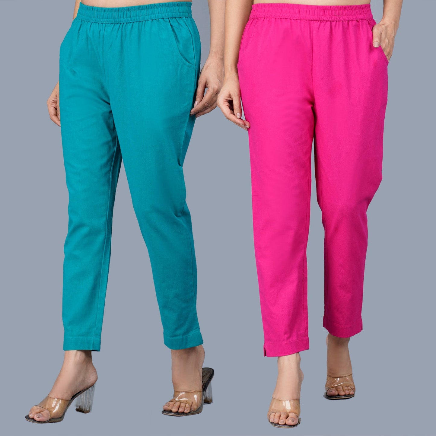 Pack Of 2 Womens Regular Fit Cyan And Rani Fully Elastic Waistband Cotton Trouser