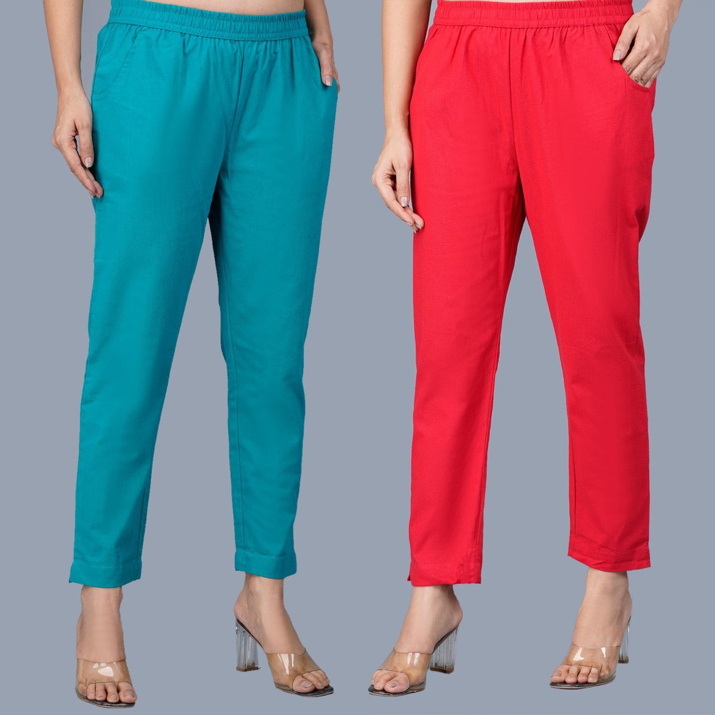 Pack Of 2 Womens Regular Fit Cyan And Red Fully Elastic Waistband Cotton Trouser