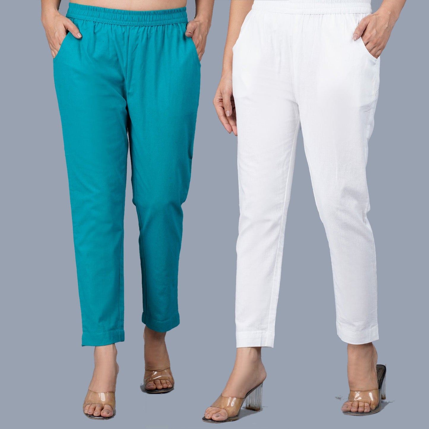 Pack Of 2 Womens Regular Fit Cyan And White Fully Elastic Waistband Cotton Trouser