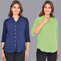 Pack Of 2 Womens Solid Dark Blue and Light Green Rayon Chinese Collar Shirts Combo