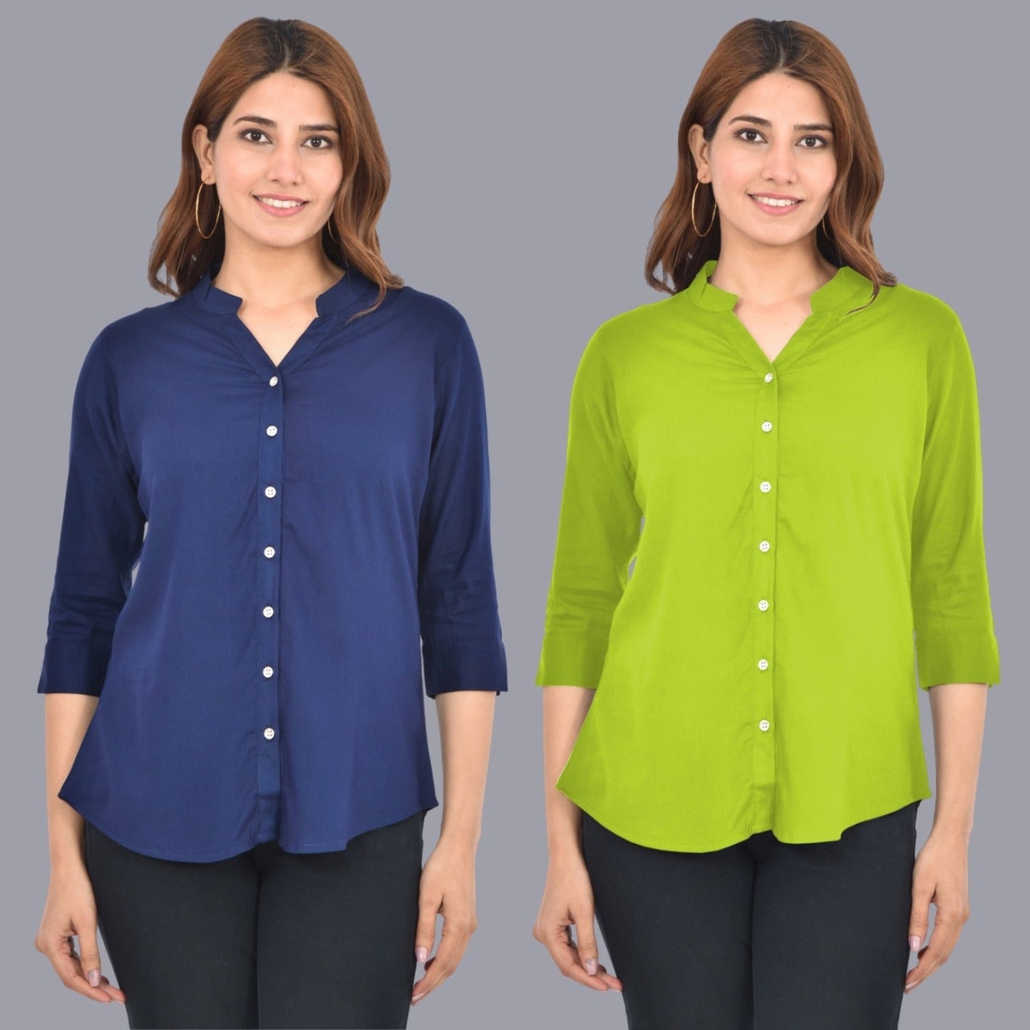 Pack Of 2 Womens Solid Dark Blue and Mehndi Green Rayon Chinese Collar Shirts Combo