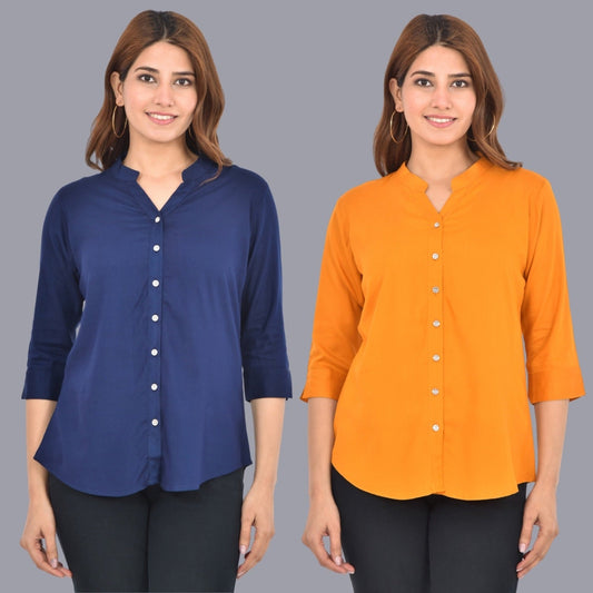 Pack Of 2 Womens Solid Dark Blue and Mustard Rayon Chinese Collar Shirts Combo