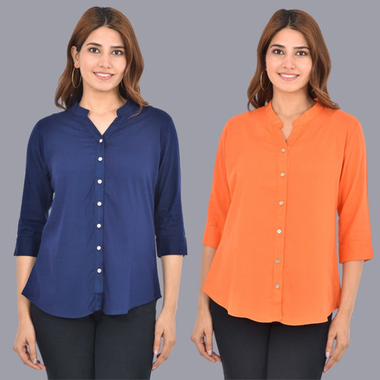 Pack Of 2 Womens Solid Dark Blue and Peach Rayon Chinese Collar Shirts Combo