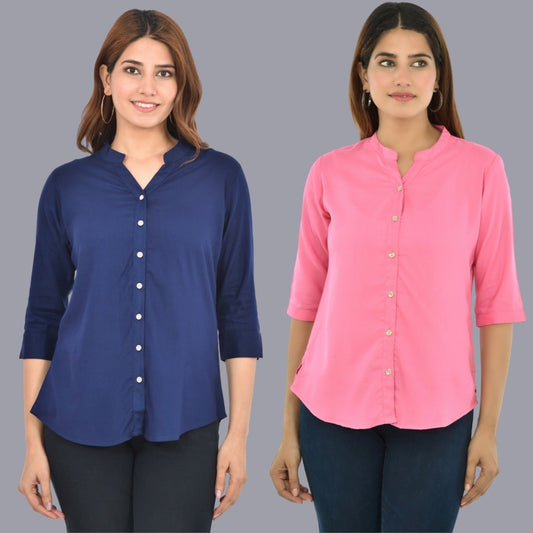 Pack Of 2 Womens Solid Dark Blue and Pink Rayon Chinese Collar Shirts Combo
