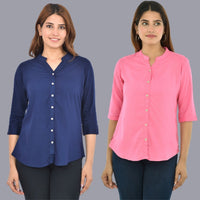 Pack Of 2 Womens Solid Dark Blue and Pink Rayon Chinese Collar Shirts Combo