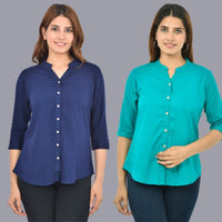 Pack Of 2 Womens Solid Dark Blue and Sky Blue Rayon Chinese Collar Shirts Combo