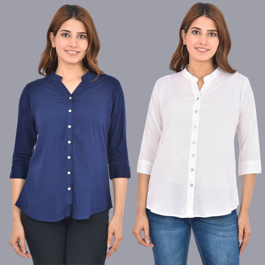 Pack Of 2 Womens Solid Dark Blue and White Rayon Chinese Collar Shirts Combo