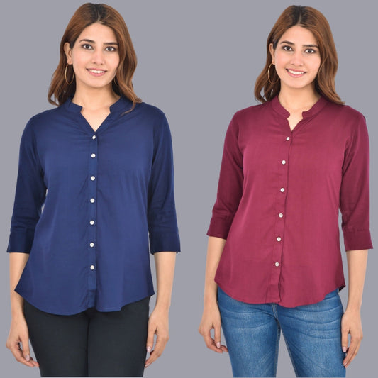 Pack Of 2 Womens Solid Dark Blue and Wine Rayon Chinese Collar Shirts Combo