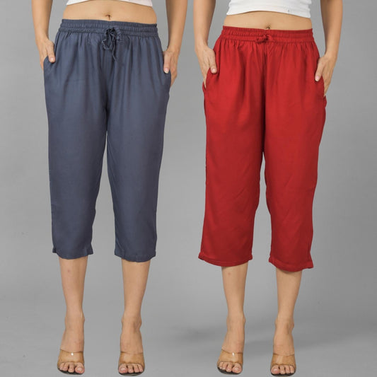 Pack Of 2 Womens Dark Grey And Maroon Calf Length Rayon Culottes Trouser Combo