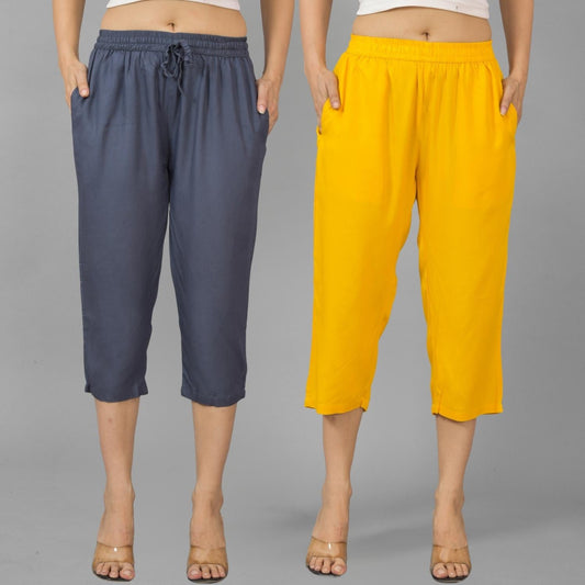 Pack Of 2 Womens Dark Grey And Mustard Calf Length Rayon Culottes Trouser Combo