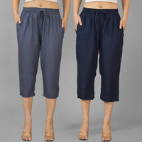 Pack Of 2 Womens Dark Grey And Navy Blue Calf Length Rayon Culottes Trouser Combo