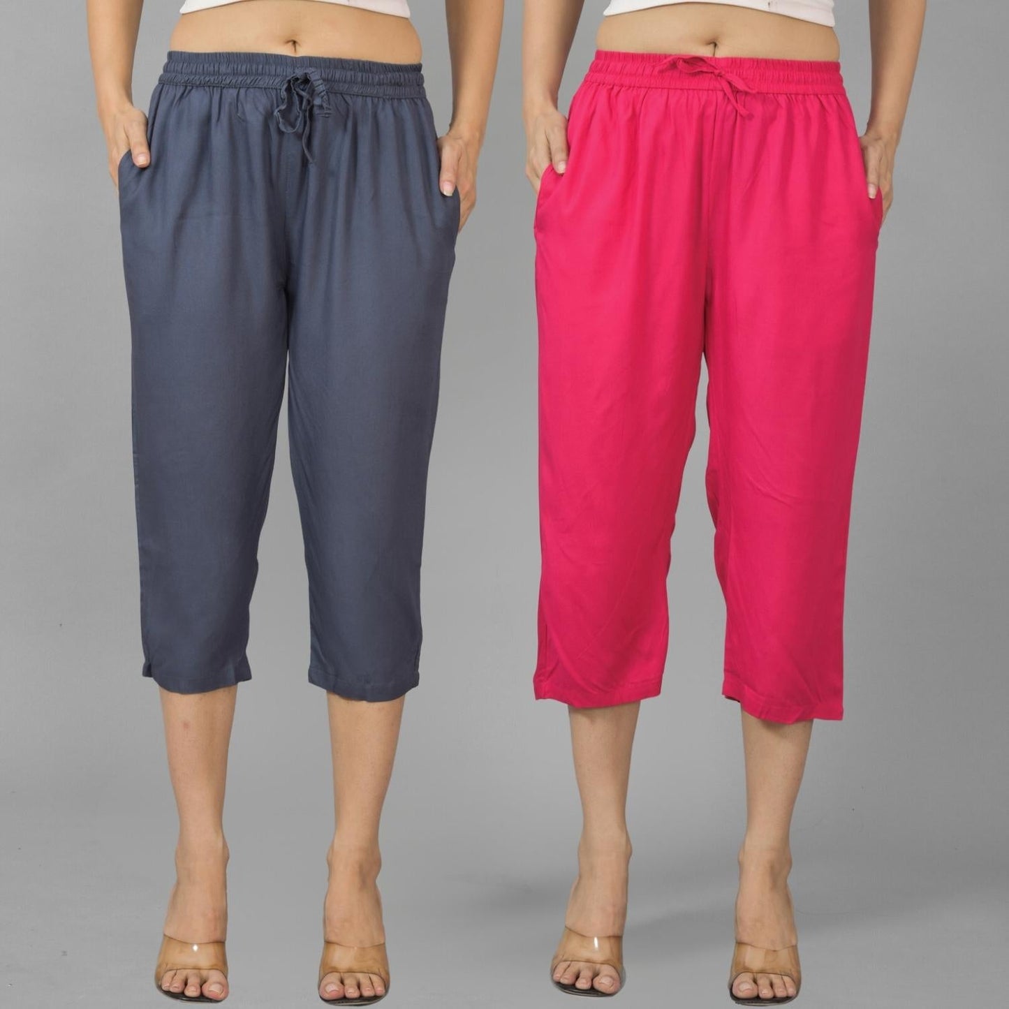 Pack Of 2 Womens Dark Grey And Rani Pink Calf Length Rayon Culottes Trouser Combo