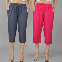 Pack Of 2 Womens Dark Grey And Rani Pink Calf Length Rayon Culottes Trouser Combo