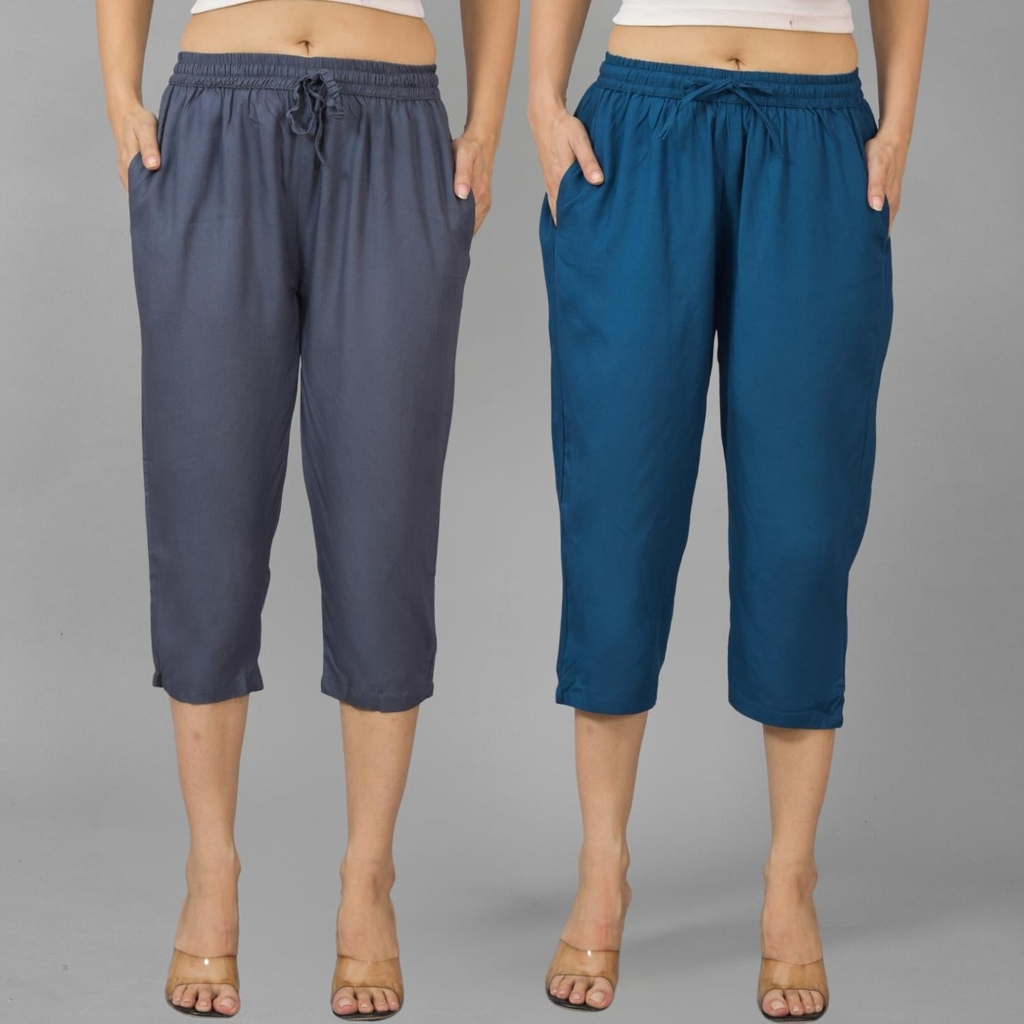 Pack Of 2 Womens Dark Grey And Teal Blue Calf Length Rayon Culottes Trouser Combo