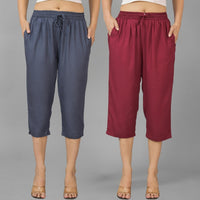 Pack Of 2 Womens Dark Grey And Wine Calf Length Rayon Culottes Trouser Combo