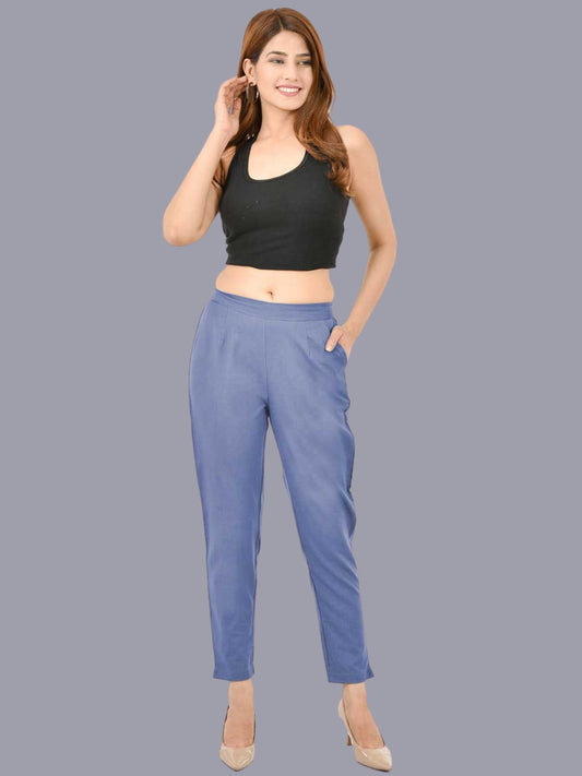 Women Regular Fit Blue Cotton Trouser