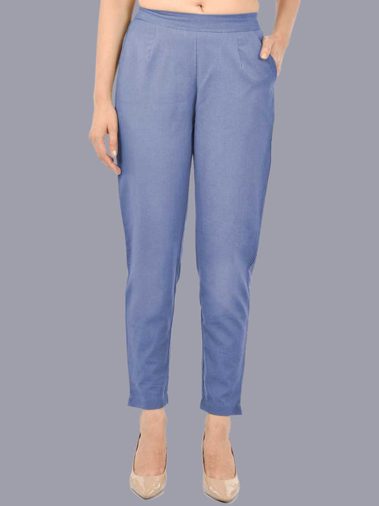 Women Regular Fit Blue Cotton Trouser