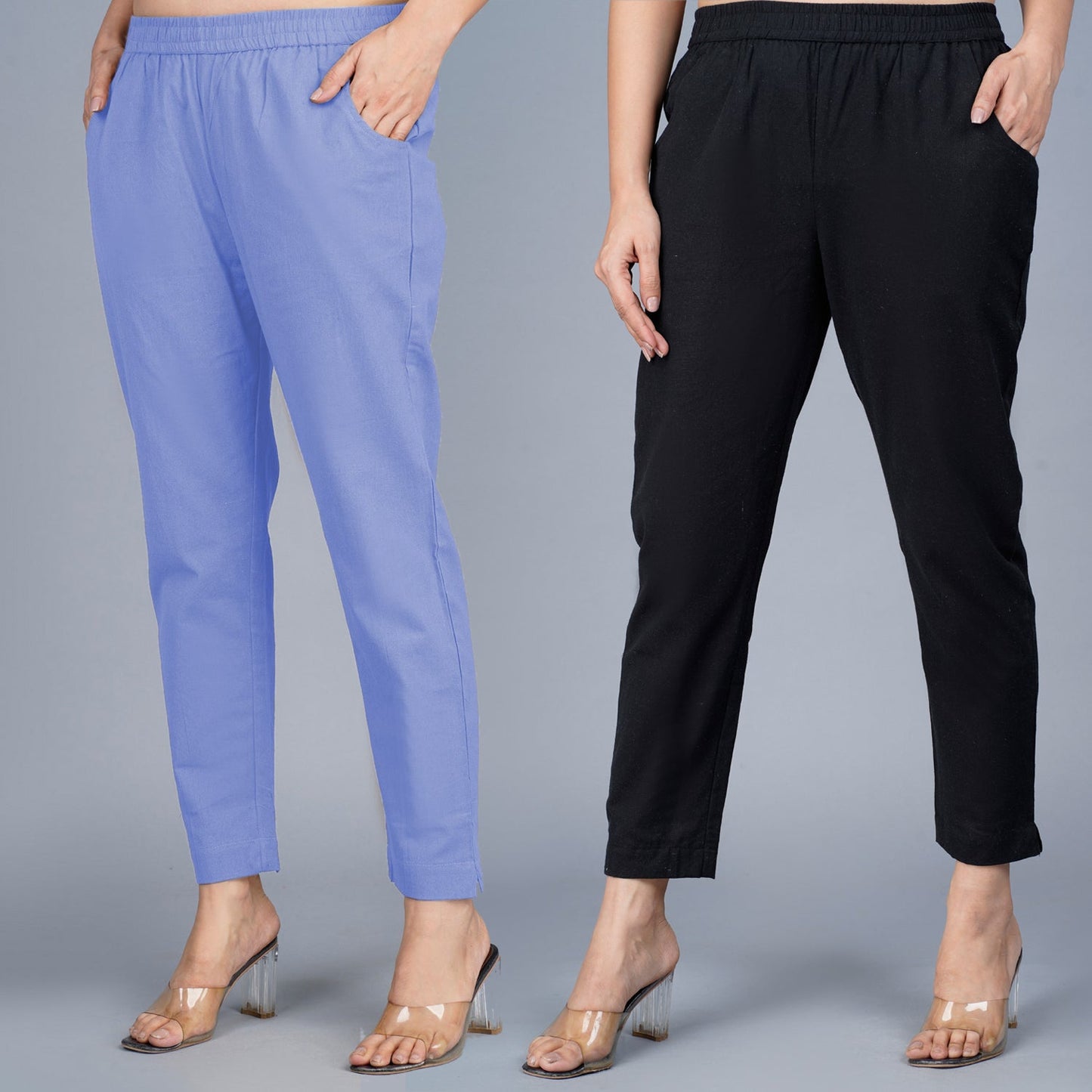 Pack Of 2 Womens Regular Fit Denim Blue And Black Fully Elastic Waistband Cotton Trouser