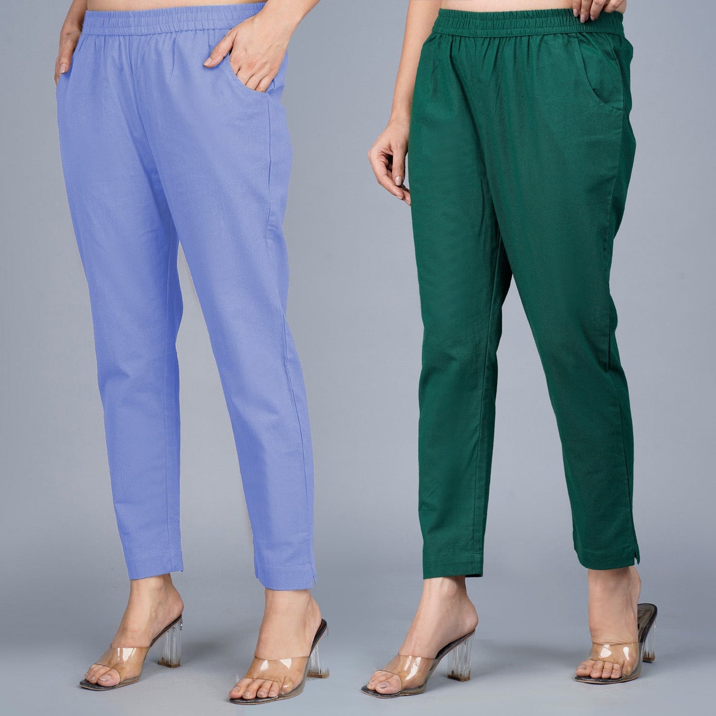 Pack Of 2 Womens Regular Fit Denim Blue And Bottle Green Fully Elastic Waistband Cotton Trouser