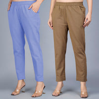 Pack Of 2 Womens Regular Fit Denim Blue And Brown Fully Elastic Waistband Cotton Trouser