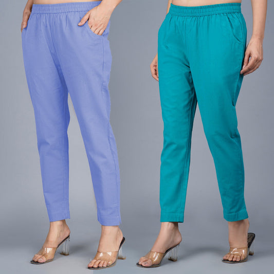 Pack Of 2 Womens Regular Fit Denim Blue And Cyan Fully Elastic Waistband Cotton Trouser