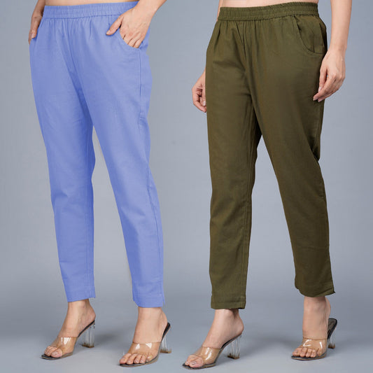 Pack Of 2 Womens Regular Fit Denim Blue And Dark Green Fully Elastic Waistband Cotton Trouser