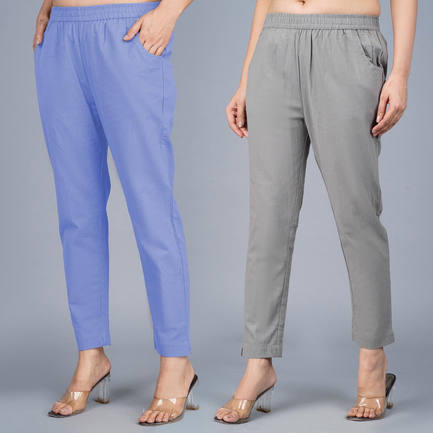 Pack Of 2 Womens Regular Fit Denim Blue And Grey Fully Elastic Waistband Cotton Trouser