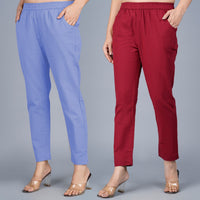 Pack Of 2 Womens Regular Fit Denim Blue And Maroon Fully Elastic Waistband Cotton Trouser