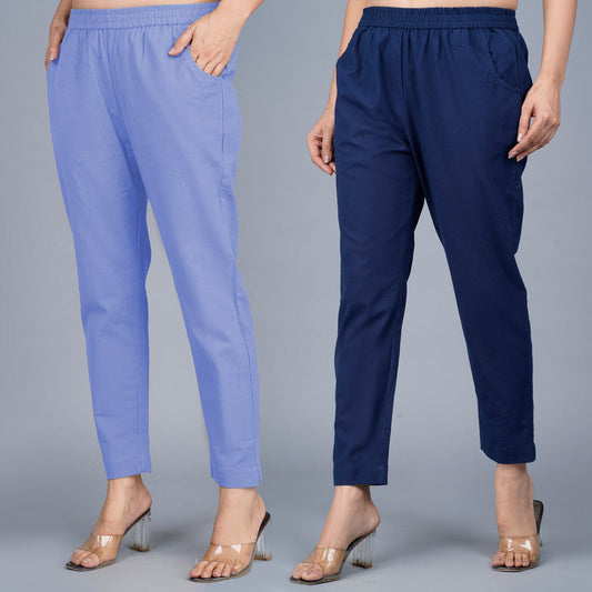 Pack Of 2 Womens Regular Fit Denim Blue And Navy Blue Fully Elastic Waistband Cotton Trouser