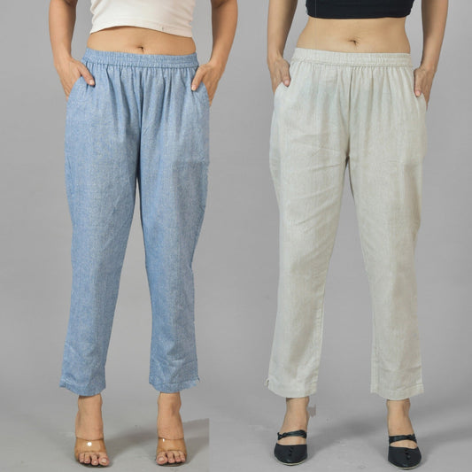 Pack Of 2 Womens Denim Blue and Off White Fully Elastic Cotton Trousers