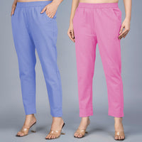 Pack Of 2 Womens Regular Fit Denim Blue And Pink Fully Elastic Waistband Cotton Trouser