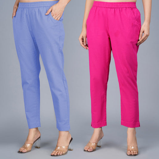 Pack Of 2 Womens Regular Fit Denim Blue And Rani Fully Elastic Waistband Cotton Trouser