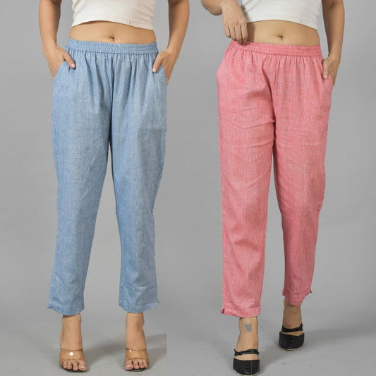 Pack Of 2 Womens Denim Blue and Red Fully Elastic Cotton Trousers