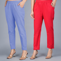 Pack Of 2 Womens Regular Fit Denim Blue And Red Fully Elastic Waistband Cotton Trouser