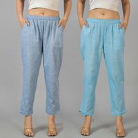Pack Of 2 Womens Denim Blue and Sky Blue Fully Elastic Cotton Trousers