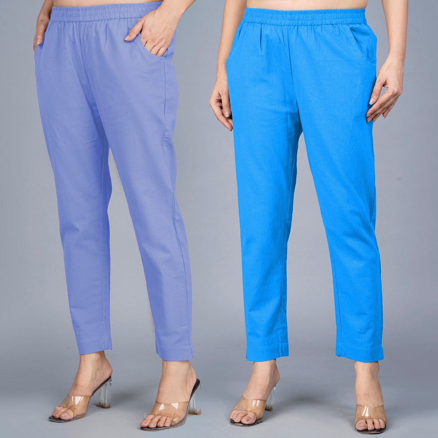 Pack Of 2 Womens Regular Fit Denim Blue And Sky Blue Fully Elastic Waistband Cotton Trouser