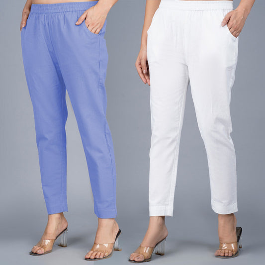 Pack Of 2 Womens Regular Fit Denim Blue And White Fully Elastic Waistband Cotton Trouser