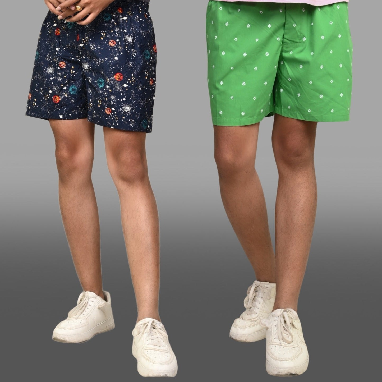 Pack Of 2 Dark Blue And Green Mens Printed Shorts Combo